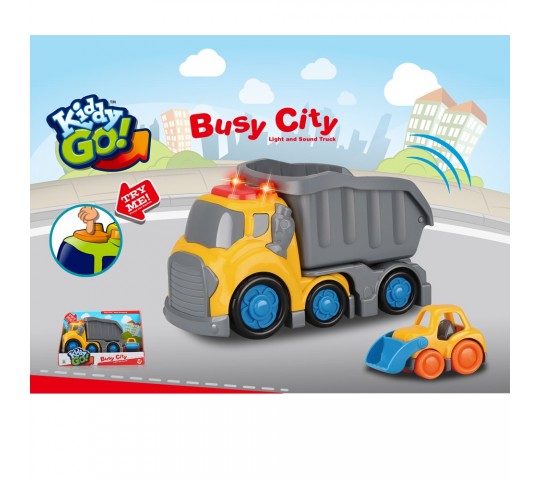 Играчка камион самосвал Kiddy Go с ефекти и повдигащо се ремарке Kiddy Go Камион със светлини и звуци 19.5 см с малък булдозер