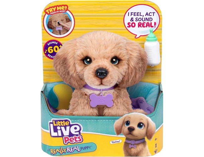 Плюшено кученце Bailey от Little Live Pets, което реагира с над 60 звука Little Live Pets My Really Real Puppy Bailey – интерактивно плюшено кученце с мигащи очи