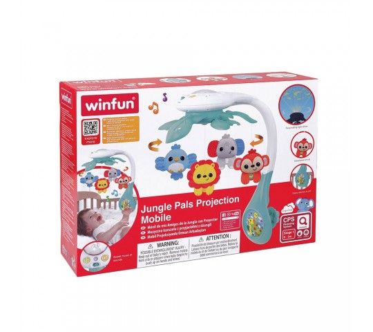 Бебешка въртележка WinFun с мелодии за детско креватче WinFun Музикална въртележка с проектор Приятели от Джунглата с плюшени животинки