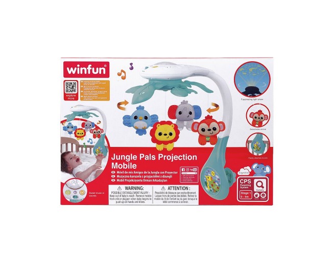 Бебешка въртележка WinFun с мелодии за детско креватче WinFun Музикална въртележка с проектор Приятели от Джунглата с плюшени животинки
